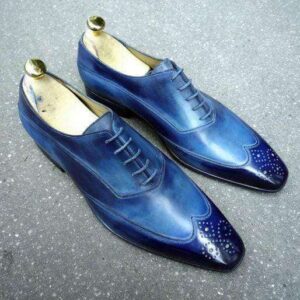 Men's Leather Blue Color Wing Tip Brogue Shoes - leathersguru