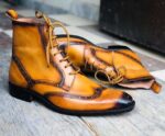 Handmade Men's Ankle High Leather Tan Wing Tip Lace Up Boot - leathersguru