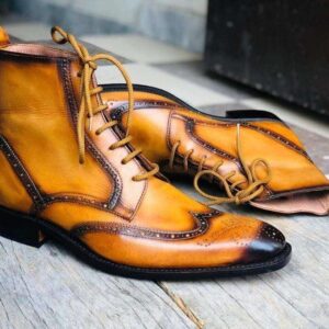 Handmade Men's Ankle High Leather Tan Wing Tip Lace Up Boot - leathersguru