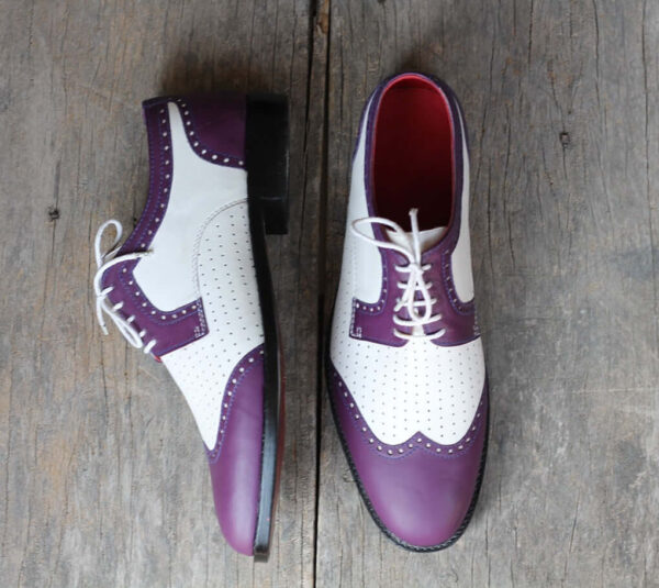 Bespoke Purple White Leather Wing Tip Lace Up Shoes - leathersguru