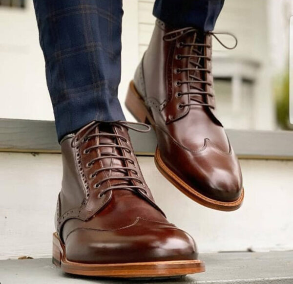 Handmade Ankle brown Wing Tip Lace Up Leather Boot