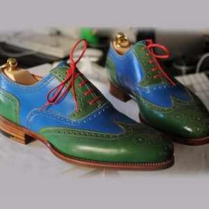 Bespoke Blue & Green Leather Wing Tip Lace Up Shoe for Men - leathersguru