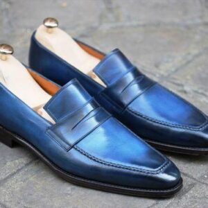 Handmade Men's Leather Blue Slip On Square Toe Shoes - leathersguru