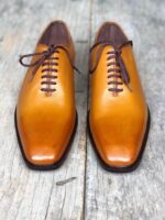 Handmade Men's Tan Leather Lace Up Derby Shoes - leathersguru