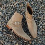 Men's Ankle Beige Suede Jodhpurs Buckle Side Zipper Boot - leathersguru