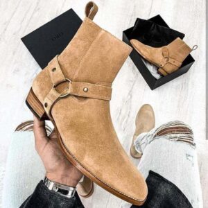 Handmade Men's Ankle High Beige Suede Madrid Straps Boot - leathersguru