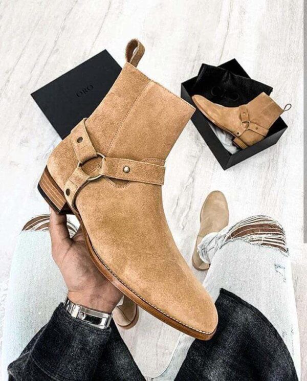 Handmade Men's Ankle High Beige Suede Madrid Straps Boot - leathersguru