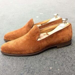 Handmade Men's Tan Moccasin Suede Loafers - leathersguru