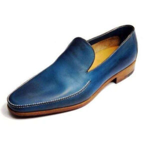 Handmade Blue Leather Round Toe Loafers - leathersguru