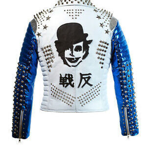 Men's White Blue Studded Leather Stylish Fashion Jacket