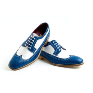 Bespoke Blue & White Leather Wing Tip Lace Up Shoe for Men - leathersguru