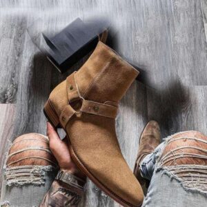 Handmade Men's Ankle High Suede Brown Madrid Straps Boot - leathersguru