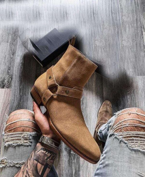 Handmade Men's Ankle High Suede Brown Madrid Straps Boot - leathersguru