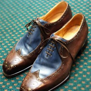 Handmade Men's Lace Up Brogue Shoes, Men's brown blue Leather Wing Tip Shoes