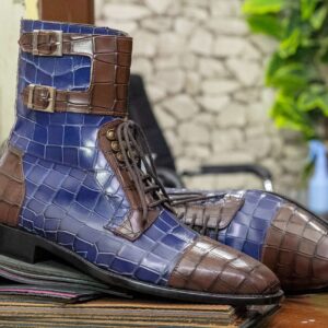 Brown Blue cap toe monk strap alligator lace up boot