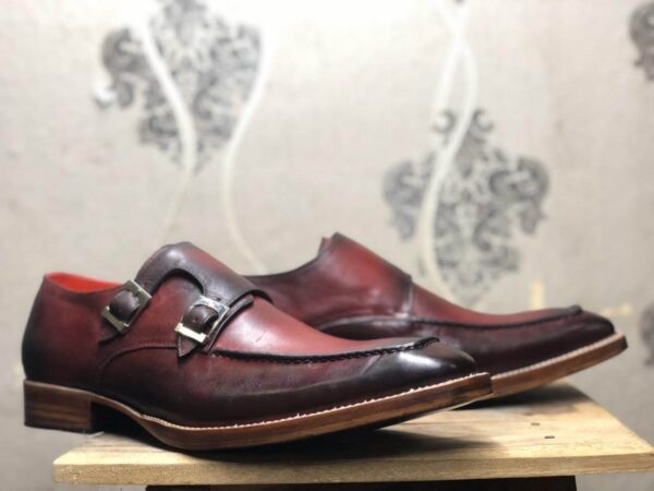 Handmade Burgundy Leather Double Monk Shoes For Men' - leathersguru