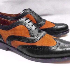 Handmade Tan Black Suede Leather Brogue Shoes - leathersguru