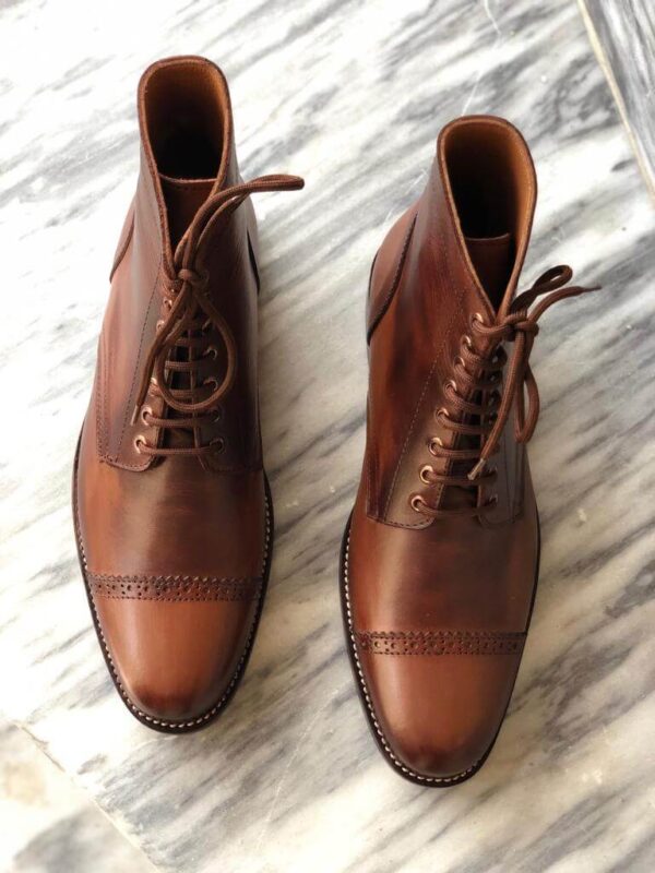 Handmade Men's Ankle High Brown Leather Cap Toe Boot - leathersguru