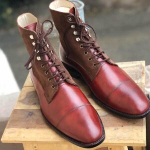 Bespoke Brown Burgundy Leather Suede Ankle Lace Up Boot - leathersguru