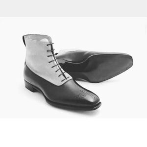 Handmade Men's Ankle High Black Gray Leather Suede Lace Up Boot - leathersguru