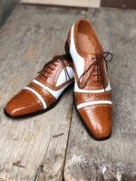 Men's Leather White Brown Cap Toe Lace Up Shoes - leathersguru