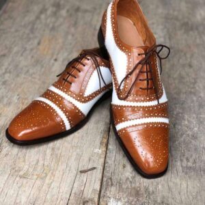 Men's Leather White Brown Cap Toe Lace Up Shoes - leathersguru