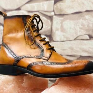 Handmade Men's Ankle High Leather Tan Wing Tip Lace Up Boot - leathersguru