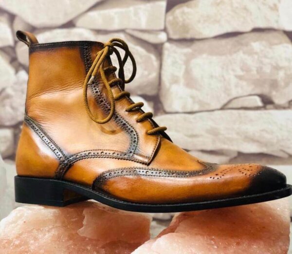 Handmade Men's Ankle High Leather Tan Wing Tip Lace Up Boot - leathersguru