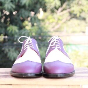 Handmade Leather White Purple Wing Tip Shoe - leathersguru