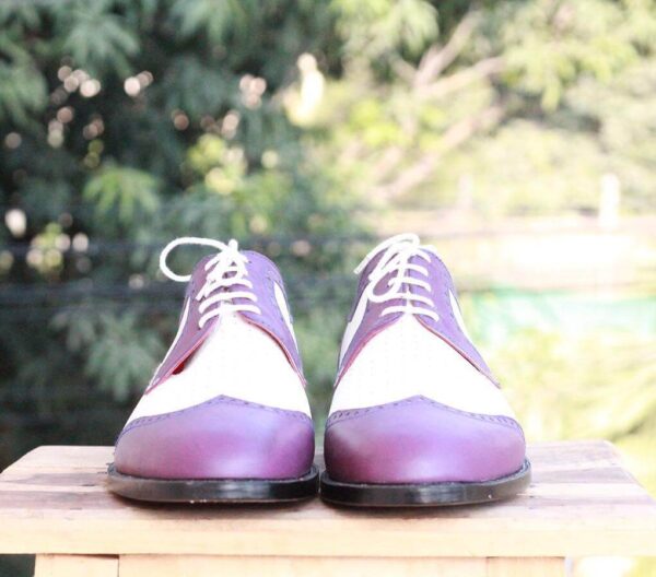 Handmade Leather White Purple Wing Tip Shoe - leathersguru