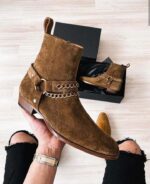 Handmade Men's Ankle High Suede Brown Madrid Strap Side Zipper Boot - leathersguru