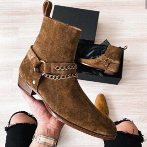 Handmade Men's Ankle High Suede Brown Madrid Strap Side Zipper Boot - leathersguru