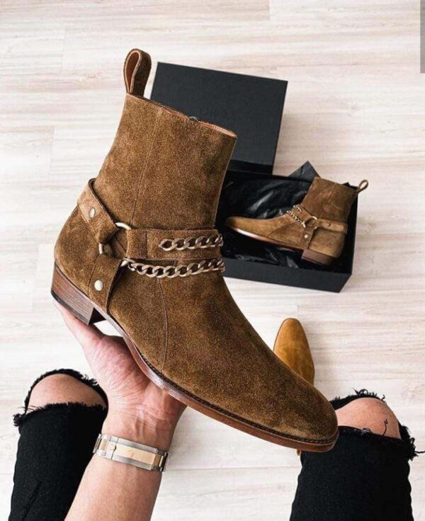 Handmade Men's Ankle High Suede Brown Madrid Strap Side Zipper Boot - leathersguru