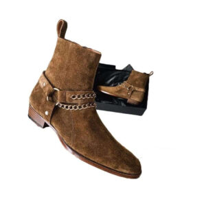 Handmade Men's Ankle High Suede Brown Madrid Strap Side Zipper Boot - leathersguru