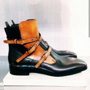 Handmade Men's Ankle High Black Tan Leather Monk Strap Boot - leathersguru
