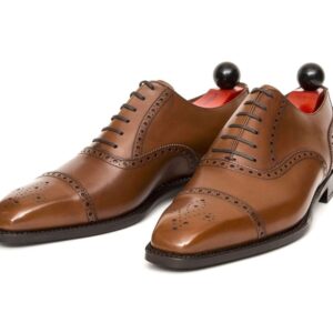 Handmade Brown Leather Cap Toe Brogue Shoe - leathersguru