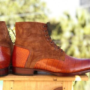 Bespoke Tan Brown Leather Suede Lace Up Boots - leathersguru