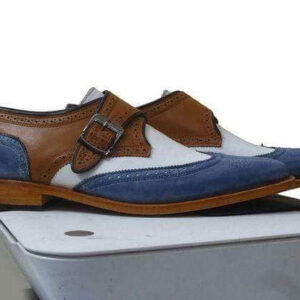 Men's Leather Monk Strap White Brown Blue Wing Tip Brogue Shoes - leathersguru