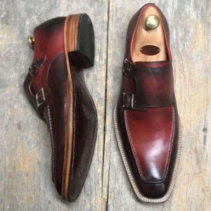 Handmade Burgundy Leather Double Monk Shoes For Men' - leathersguru