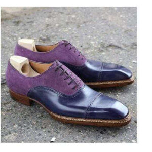 Men's Leather Suede Purple Navy Blue Cap Toe Shoes - leathersguru