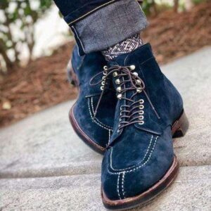 Handmade Navy Suede Split Toe Lace Up Boots - leathersguru