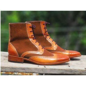 Men's Ankle High Tan Brown Leather Suede Cap Toe Boot - leathersguru