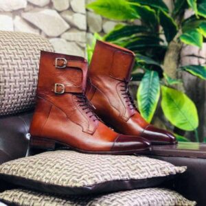 Men Handmade Field Dark Brown Grain Buckle Boots - leathersguru