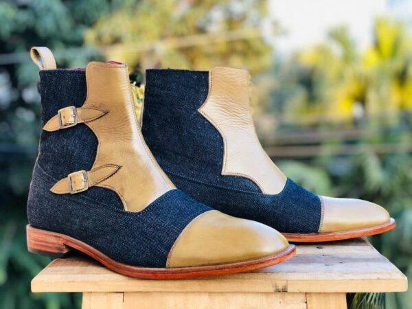 Men's Beige & Blue Cap Toe Denim Leather Boot - leathersguru