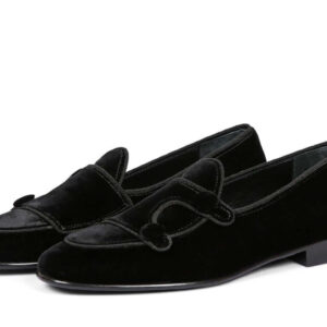 Black Belgina Loafer Velvet Shoes, Double Monk Style Men Party Shoes.