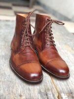 Handmade Men's Ankle High Brown Leather Cap Toe Boot - leathersguru