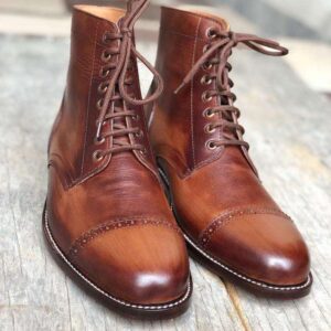 Handmade Men's Ankle High Brown Leather Cap Toe Boot - leathersguru