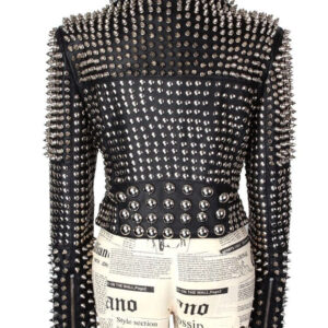 Woman Full Silver Studded Punk Cowhide Leather Jacket