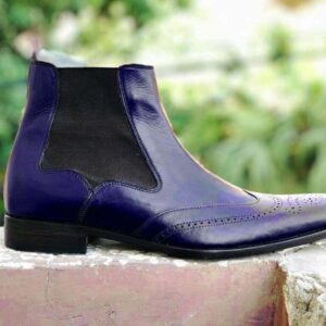 Handmade Men's Ankle High Leather Purple Wing Tip Chelsea Boot - leathersguru