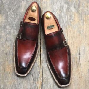 Handmade Burgundy Leather Double Monk Shoes For Men' - leathersguru